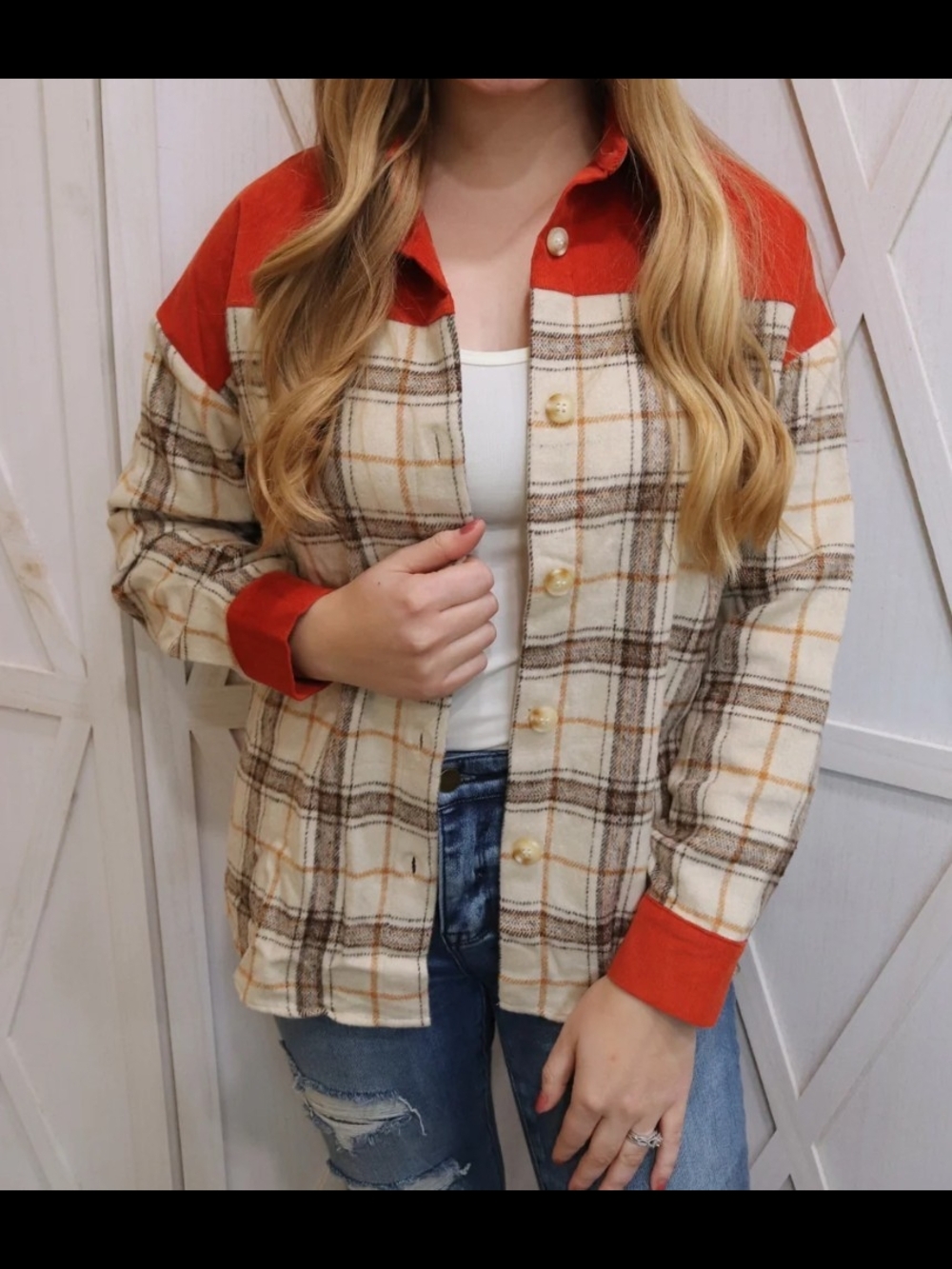 RusticWear Women's Cozy Fleece Contrast Corduroy Plaid Shacket Orange Cream Sz L